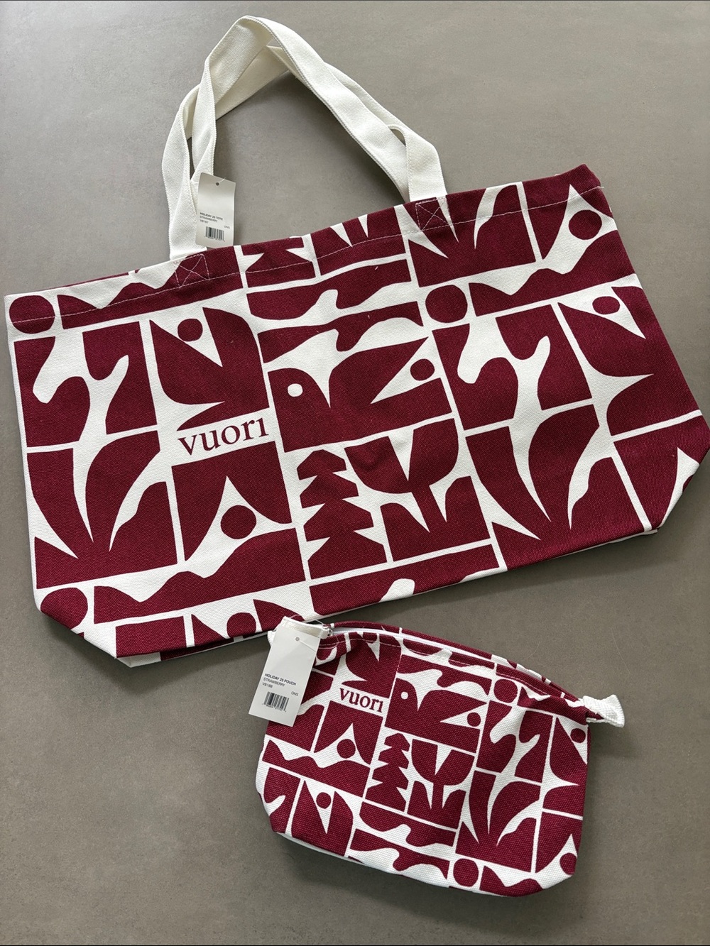 Vuori Maroon & White Graphic Canvas Tote with Matching Pouch, NWT